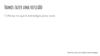 Vamos fazer uma reﬂexão
1 ) Pense no que é estratégia para você.
Exercício do Livro Safári de Estratégia
 