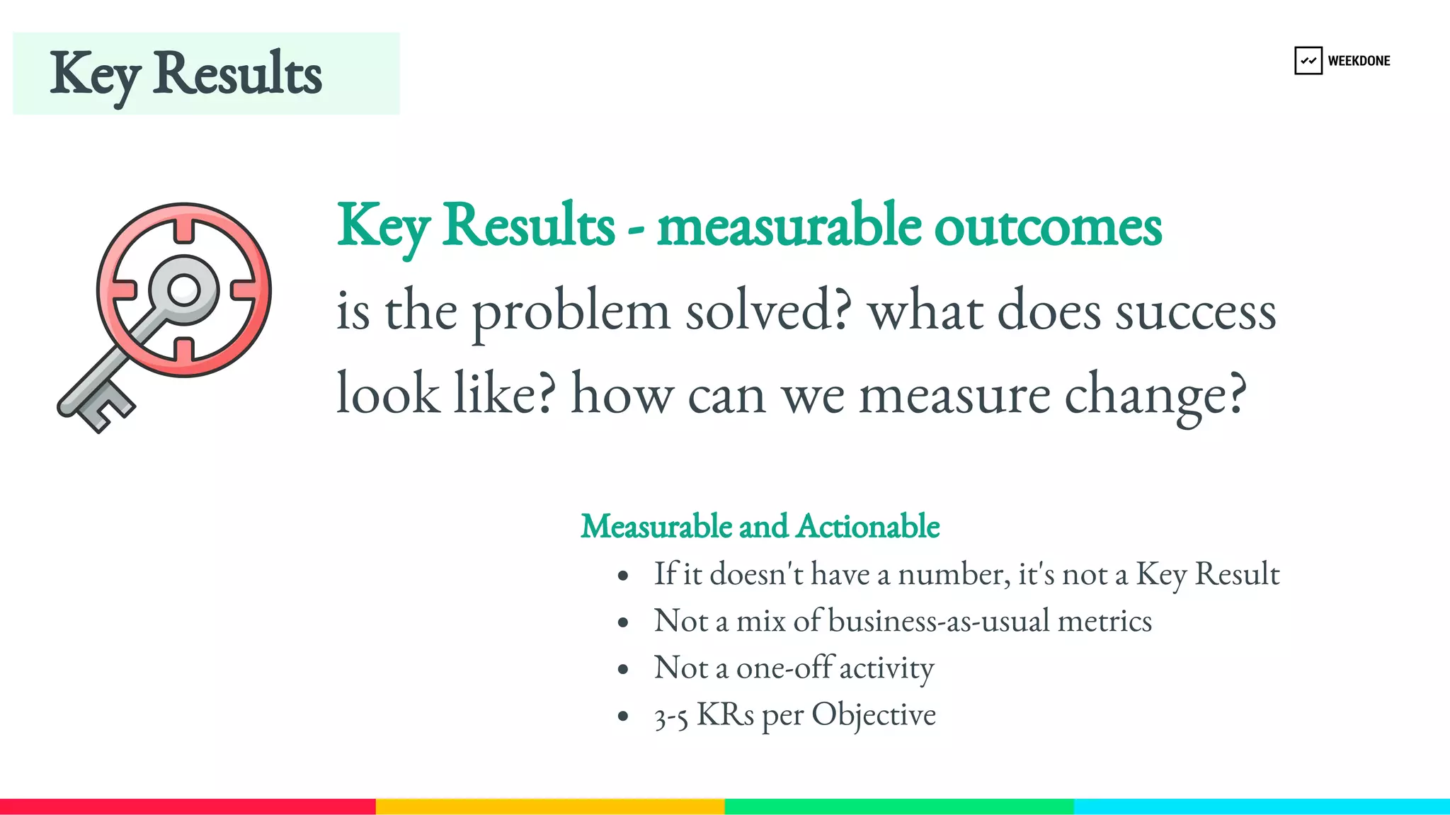Key Results - measurable outcomes
is the problem solved? what does success 
look like? how can we measure change?
Key Results
Measurable and Actionable
If it doesn't have a number, it's not a Key Result
Not a mix of business-​
as-​
usual metrics
Not a one-​
off activity
3-5 KRs per Objective
 