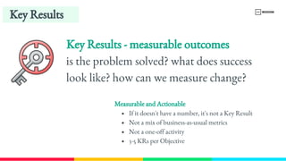 Key Results - measurable outcomes
is the problem solved? what does success 
look like? how can we measure change?
Key Results
Measurable and Actionable
If it doesn't have a number, it's not a Key Result
Not a mix of business-​
as-​
usual metrics
Not a one-​
off activity
3-5 KRs per Objective
 