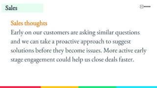 Sales thoughts
Early on our customers are asking similar questions 
and we can take a proactive approach to suggest 
solutions before they become issues. More active early 
stage engagement could help us close deals faster.
Sales
 