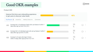 Key Results
KR
KR
KR
Initiatives Weekly Check-​
ins Comments
3
25
%
20
%
15
%
Improve first-​
time user onboarding experience
to get users to discover value faster 46%
Increase the % of enterprise clients who use feature X within 7 
days after sign up from 10 to 25 %
Increase the % of individual users who set up feature Y within 7 
days after sign up from 2 to 20%
Increase % of users who login 3 times
within 10 days after sign-​
up from 5 to 15 %
Product OKR
Good OKR examples
 