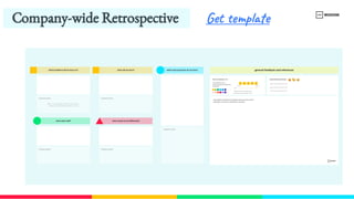 Company-​
wide Retrospective
general feedback and references
which problems did we focus on?
what went well? what would we do differently?
which open questions do we have?
how satisfied are you
with the impact your effort has 
produced?
Rate on a scale from 1 to 5
1 2 3 4 5
what additional references and updates would you like to share? 
add graphs, screenshots, miscellaneous comments
Not at all Very much
type names and praise here
what did we learn?
live questions & comments
live questions & comments live questions & comments
live questions & comments
live questions & comments
Special thanks and shoutouts
type names and praise here
type names and praise here
Choose the color and drag a dot 
to a place on the scale from 1 to 5
When a team's presentation is finished, give other teams 2 
minutes to add their feedback or comments to sections
Get template
 