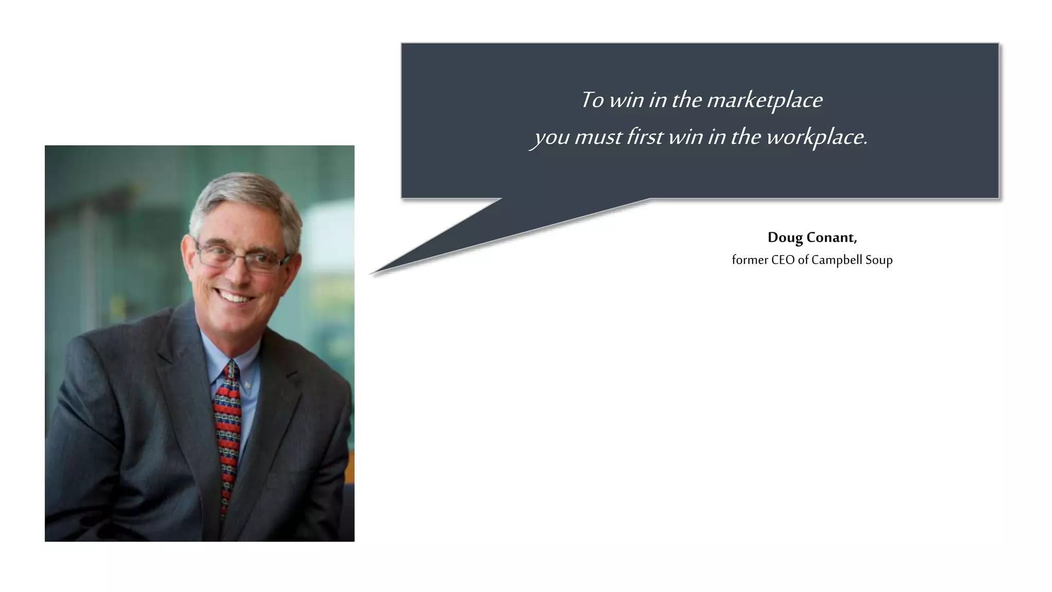 ™
Doug Conant,
former CEOofCampbell Soup
Towininthemarketplace
youmustfirstwinintheworkplace.
 