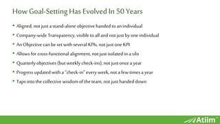 ™
How Goal-SettingHas EvolvedIn 50 Years
• Aligned, not just astand-alone objective handed to anindividual
• Company-wide ...