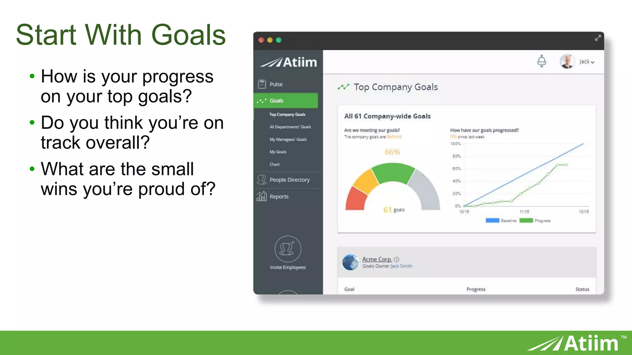 ™
Start With Goals
• How is your progress
on your top goals?
• Do you think you’re on
track overall?
• What are the small
wins you’re proud of?
 