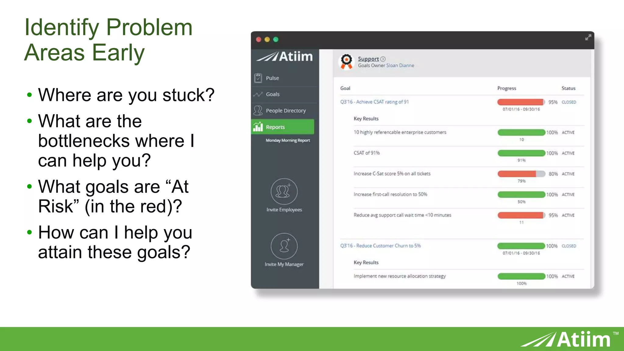 ™
Identify Problem
Areas Early
• Where are you stuck?
• What are the
bottlenecks where I
can help you?
• What goals are “At
Risk” (in the red)?
• How can I help you
attain these goals?
 