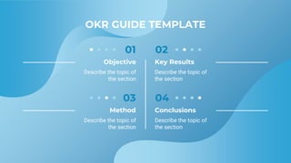 OKR GUIDE TEMPLATE
01
Objective
Describe the topic of
the section
02
Key Results
Describe the topic of
the section
Conclus...