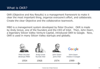 OKR (Objective and Key Results) is a management framework to make it
clear the most important thing, organize everyone’s effort, and collaborate.
Create the clear Objective and the collaborative teamwork.
MBO is a management system developed by Peter Drucker. OKR is made
by Andy Grove, one of the founders and the CEO of Intel. Then, John Doerr,
a legendary Silicon Valley Venture Capital, introduced OKR to Google. Now,
OKR is used in many Silicon Valley startups and globally.
What is OKR?
4
1954 1968 1974 1999
Yoshiaki Ieda All Rights Reserved.
 