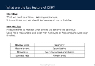Objective:
What we need to achieve. Winning aspirations.
It is ambitious, and we should feel somewhat uncomfortable
Key Results:
Measurements to monitor what extend we achieve the objective.
Good KR is measurable and clear with Achieving or Not achieving with clear
timeline.
What are the key feature of OKR?
5
Review Cycle Quarterly
Measurement Quantitative
Openness Everyone opens and shares
Success rate Almost 50%
Yoshiaki Ieda All Rights Reserved.
 
