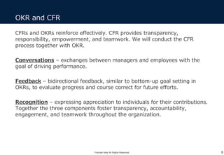 CFRs and OKRs reinforce effectively. CFR provides transparency,
responsibility, empowerment, and teamwork. We will conduct the CFR
process together with OKR.
Conversations – exchanges between managers and employees with the
goal of driving performance.
Feedback – bidirectional feedback, similar to bottom-up goal setting in
OKRs, to evaluate progress and course correct for future efforts.
Recognition – expressing appreciation to individuals for their contributions.
Together the three components foster transparency, accountability,
engagement, and teamwork throughout the organization.
OKR and CFR
9Yoshiaki Ieda All Rights Reserved.
 