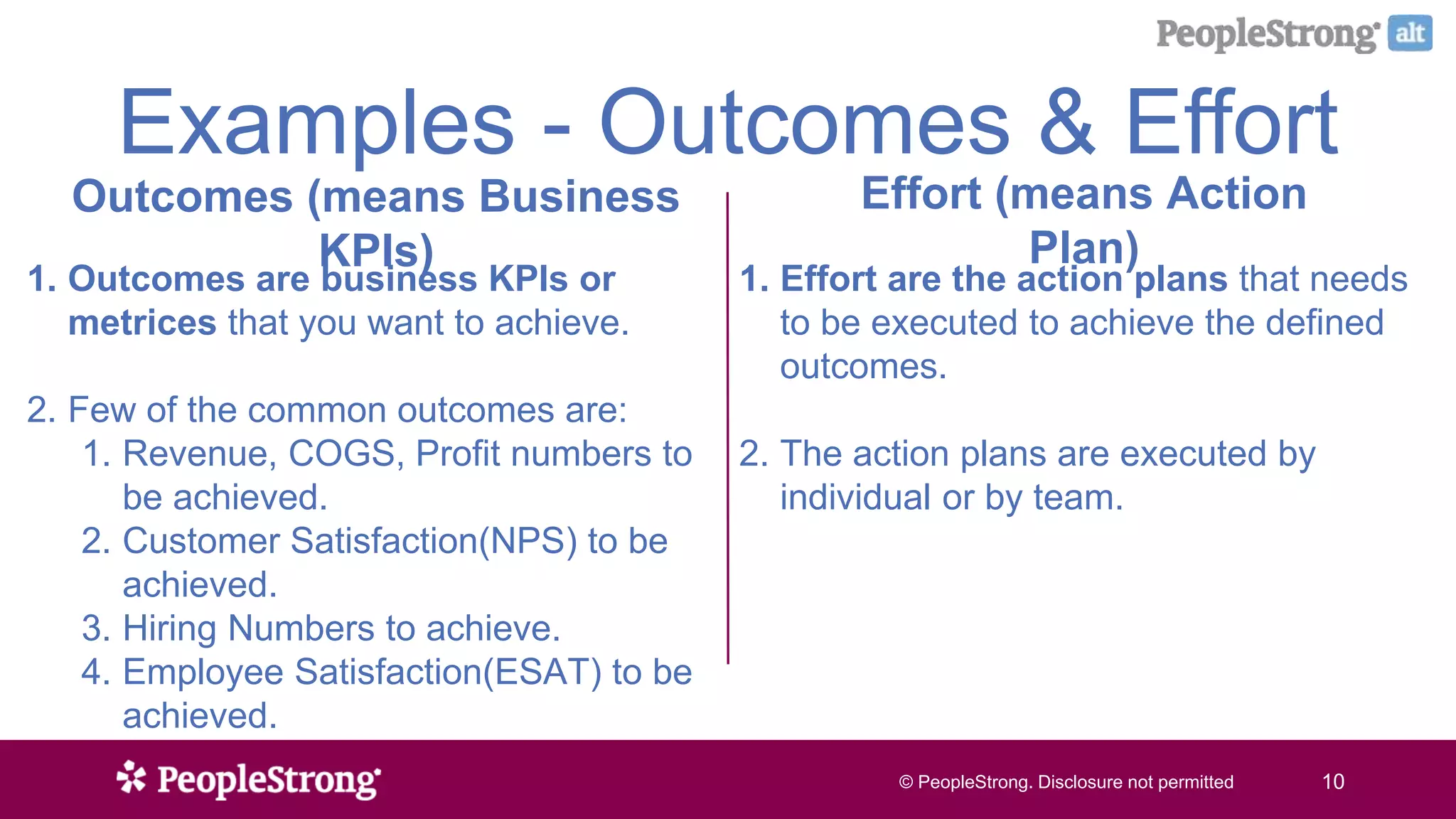 © PeopleStrong. Disclosure not permitted10© PeopleStrong. Disclosure not permitted 10
Examples - Outcomes & Effort
Outcomes (means Business
KPIs)
Effort (means Action
Plan)
1. Outcomes are business KPIs or
metrices that you want to achieve.
2. Few of the common outcomes are:
1. Revenue, COGS, Profit numbers to
be achieved.
2. Customer Satisfaction(NPS) to be
achieved.
3. Hiring Numbers to achieve.
4. Employee Satisfaction(ESAT) to be
achieved.
1. Effort are the action plans that needs
to be executed to achieve the defined
outcomes.
2. The action plans are executed by
individual or by team.
 