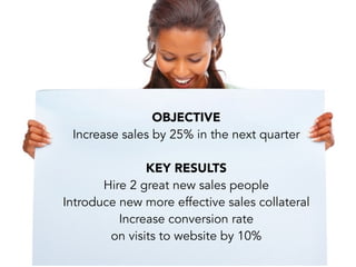 OBJECTIVE
Increase sales by 25% in the next quarter
KEY RESULTS
Hire 2 great new sales people
Introduce new more effective sales collateral
Increase conversion rate
on visits to website by 10%
 