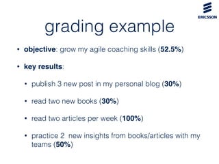 grading example
• objective: grow my agile coaching skills (52.5%)
• key results:
• publish 3 new post in my personal blog...