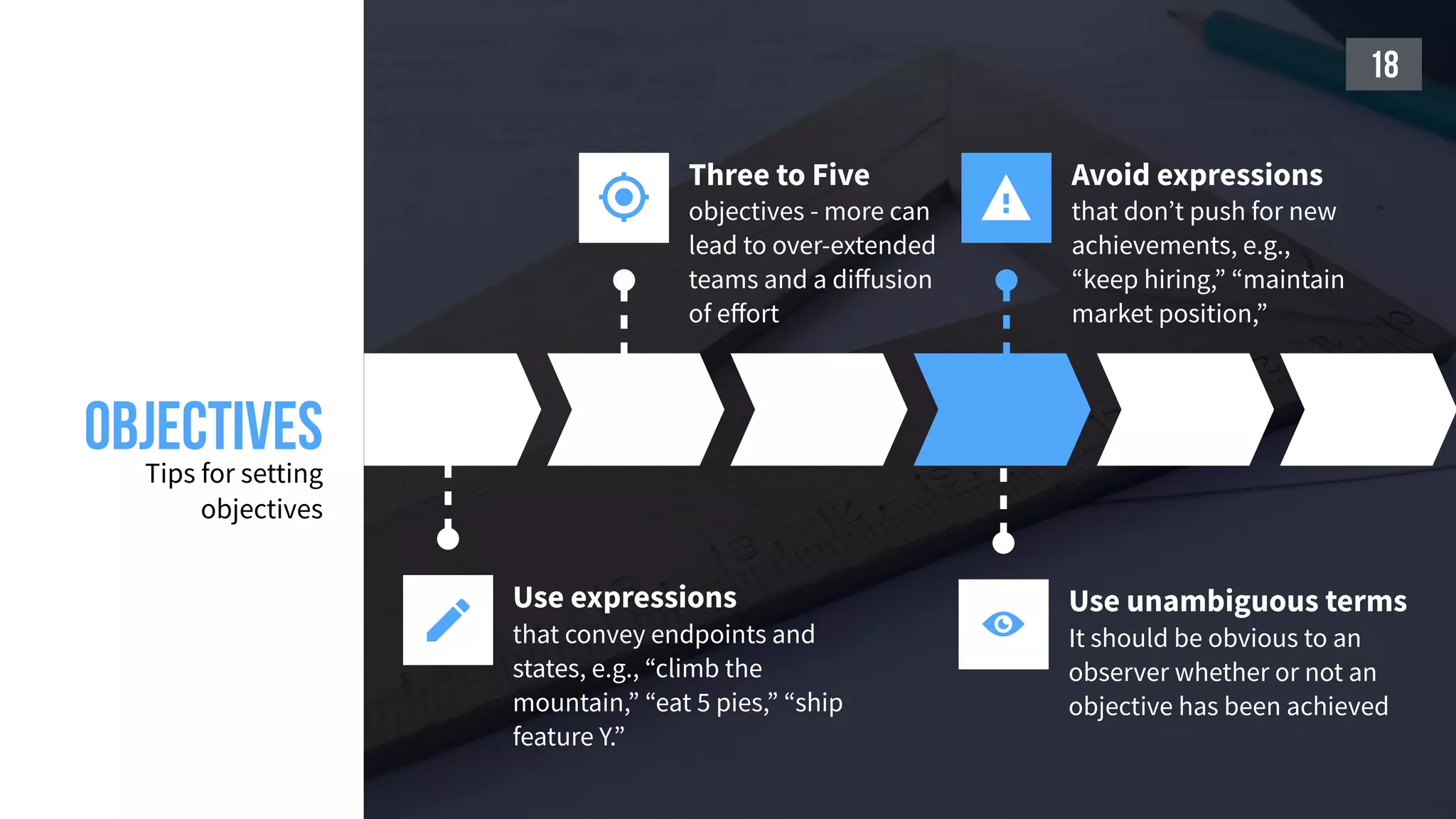 
Use expressions
that convey endpoints and
states, e.g., “climb the
mountain,” “eat 5 pies,” “ship
feature Y.”

Three to Five
objectives - more can
lead to over-extended
teams and a diﬀusion
of eﬀort

Use unambiguous terms
It should be obvious to an
observer whether or not an
objective has been achieved

Avoid expressions
that don’t push for new
achievements, e.g.,
“keep hiring,” “maintain
market position,”
objectivesTips for setting
objectives
18
 