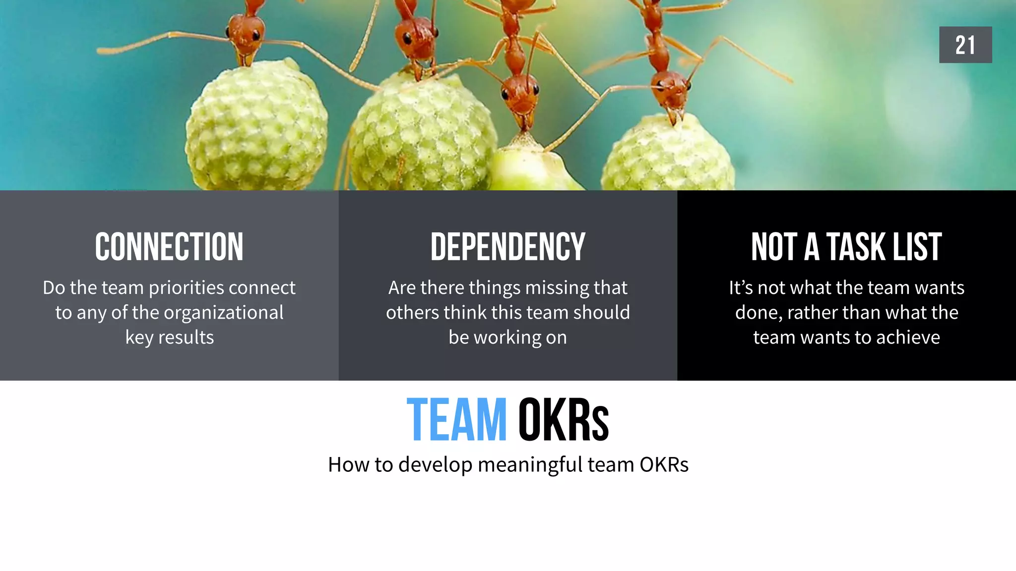 team OKRS
How to develop meaningful team OKRs
21
connection
Do the team priorities connect
to any of the organizational
key results
not a task list
It’s not what the team wants
done, rather than what the
team wants to achieve
dependency
Are there things missing that
others think this team should
be working on
 