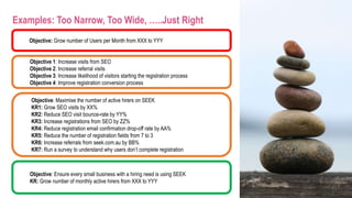 Objective: Grow number of Users per Month from XXX to YYY
Objective 1: Increase visits from SEO
Objective 2: Increase referral visits
Objective 3: Increase likelihood of visitors starting the registration process
Objective 4: Improve registration conversion process
Objective: Maximise the number of active hirers on SEEK
KR1: Grow SEO visits by XX%
KR2: Reduce SEO visit bounce-rate by YY%
KR3: Increase registrations from SEO by ZZ%
KR4: Reduce registration email confirmation drop-off rate by AA%
KR5: Reduce the number of registration fields from 7 to 3
KR6: Increase referrals from seek.com.au by BB%
KR7: Run a survey to understand why users don’t complete registration
Objective: Ensure every small business with a hiring need is using SEEK
KR: Grow number of monthly active hirers from XXX to YYY
Examples: Too Narrow, Too Wide, …..Just Right
 