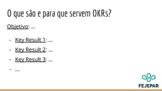 O que são e para que servem OKRs?
Objetivo: ...
- Key Result 1: ...
- Key Result 2: ...
- Key Result 3: …
- ...
 