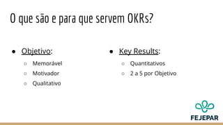 O que são e para que servem OKRs?
● Objetivo:
○ Memorável
○ Motivador
○ Qualitativo
● Key Results:
○ Quantitativos
○ 2 a 5 por Objetivo
 