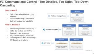 17
#3. Command and Control - Too Detailed, Too Strict, Top-Down
Cascading
Why it matters?
▪ Strict Cascading kills Autonomy /
Initiative
▪ Leads to task/output orientation
by the time teams create KRs
What to do about it
▪ Provide high-level OKRs as input
▪ ARTs define their own OKRs -
Bottom-up and sideways
▪ Align/relate through “Why Now”
▪ Take inspiration from PI Planning/
PI Objectives structure
 
