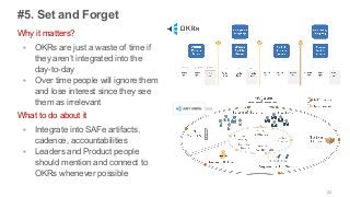 22
#5. Set and Forget
Why it matters?
▪ OKRs are just a waste of time if
they aren’t integrated into the
day-to-day
▪ Over time people will ignore them
and lose interest since they see
them as irrelevant
What to do about it
▪ Integrate into SAFe artifacts,
cadence, accountabilities
▪ Leaders and Product people
should mention and connect to
OKRs whenever possible
 