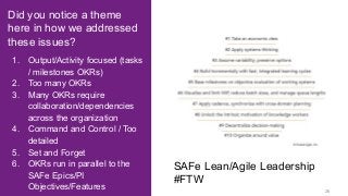 26
Did you notice a theme
here in how we addressed
these issues?
1. Output/Activity focused (tasks
/ milestones OKRs)
2. Too many OKRs
3. Many OKRs require
collaboration/dependencies
across the organization
4. Command and Control / Too
detailed
5. Set and Forget
6. OKRs run in parallel to the
SAFe Epics/PI
Objectives/Features
SAFe Lean/Agile Leadership
#FTW
 