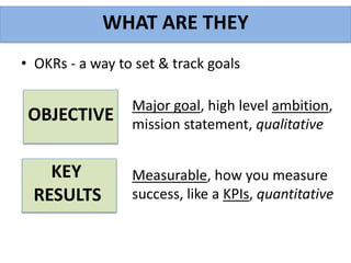• OKRs - a way to set & track goals
WHAT ARE THEY
Major goal, high level ambition,
mission statement, qualitative
OBJECTIVE
KEY
RESULTS
Measurable, how you measure
success, like a KPIs, quantitative