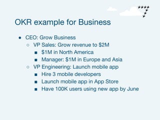 ● CEO: Grow Business
○ VP Sales: Grow revenue to $2M
■ $1M in North America
■ Manager: $1M in Europe and Asia
○ VP Engineering: Launch mobile app
■ Hire 3 mobile developers
■ Launch mobile app in App Store
■ Have 100K users using new app by June
OKR example for Business
 