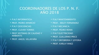 COORDINADORES DE LOS P. N. F.
AÑO 2018
• P.N.F INFORMATICA:
• PROF. PEDRO APARICIO
• P.N.F GEOCIENCIAS:
• PROF. CLEVER TORRES
• PROF SISTEMAS DE CALIDAD Y
AMBIENTE:
• PROF: ANGEL VILLAFAÑA
• P.N.F MANTENIMIENTO:
• PROF. ARLET FERNANDEZ
• P.N.F MECANICA:
• PROF. PEDRO REINA
• P.N.F ELECTRICIDAD
• PROF. GUILLERMO PRICE
• P.N.F ORFEBRERIA Y JOYERIA
• PROF. KARLA YANEZ
 