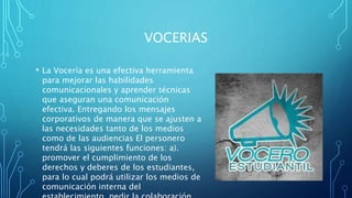 VOCERIAS
• La Vocería es una efectiva herramienta
para mejorar las habilidades
comunicacionales y aprender técnicas
que aseguran una comunicación
efectiva. Entregando los mensajes
corporativos de manera que se ajusten a
las necesidades tanto de los medios
como de las audiencias El personero
tendrá las siguientes funciones: a).
promover el cumplimiento de los
derechos y deberes de los estudiantes,
para lo cual podrá utilizar los medios de
comunicación interna del
 