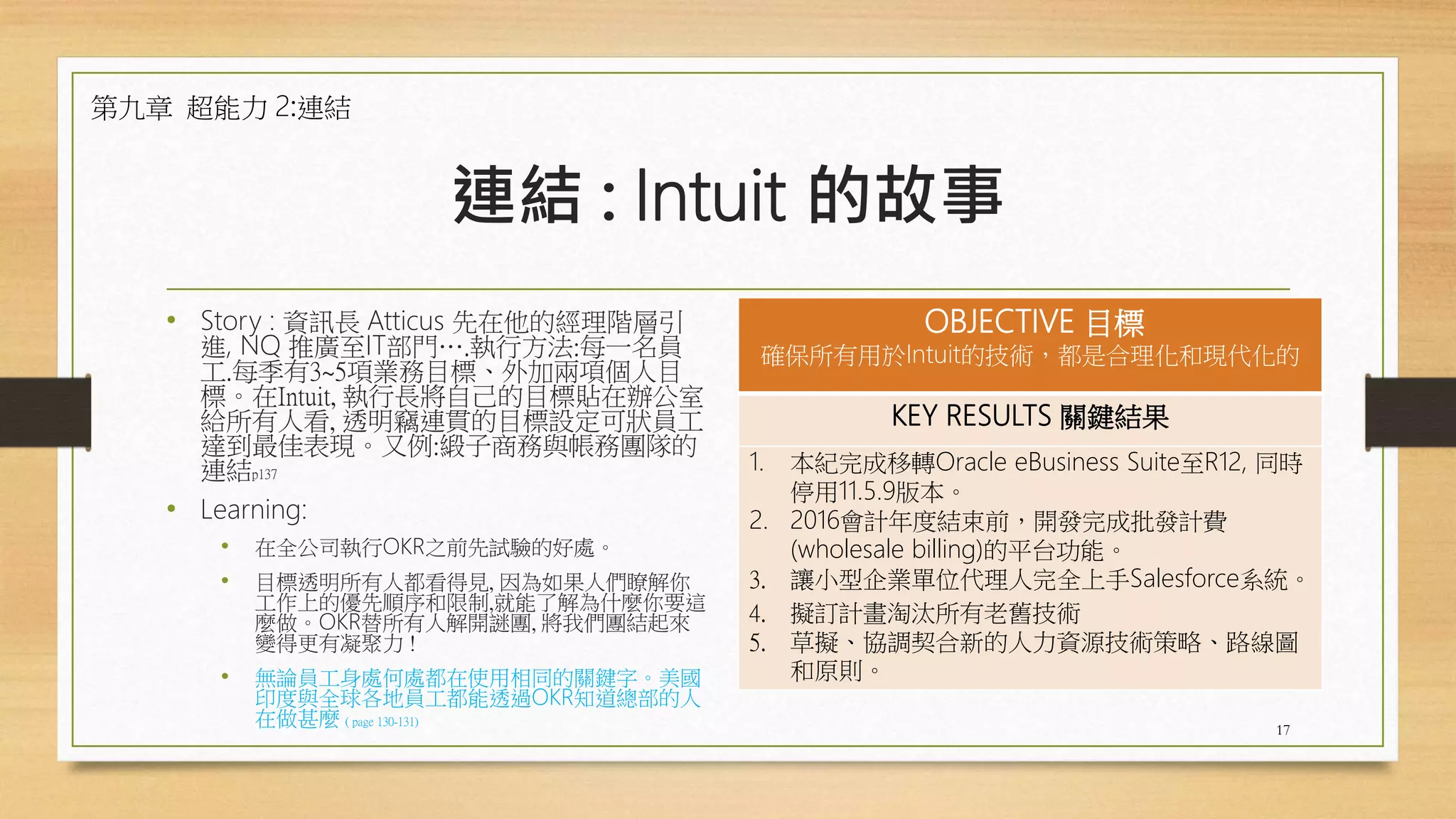 連結 : Intuit 的故事
• Story : 資訊長 Atticus 先在他的經理階層引
進, NQ 推廣至IT部門….執行方法:每一名員
工.每季有3~5項業務目標、外加兩項個人目
標。在Intuit, 執行長將自己的目標貼在辦公室
給所有人看, 透明竊連貫的目標設定可狀員工
達到最佳表現。又例:緞子商務與帳務團隊的
連結p137
• Learning:
• 在全公司執行OKR之前先試驗的好處。
• 目標透明所有人都看得見, 因為如果人們瞭解你
工作上的優先順序和限制,就能了解為什麼你要這
麼做。OKR替所有人解開謎團, 將我們團結起來
變得更有凝聚力 !
• 無論員工身處何處都在使用相同的關鍵字。美國
印度與全球各地員工都能透過OKR知道總部的人
在做甚麼 ( page 130-131)
OBJECTIVE 目標
確保所有用於Intuit的技術，都是合理化和現代化的
KEY RESULTS 關鍵結果
1. 本紀完成移轉Oracle eBusiness Suite至R12, 同時
停用11.5.9版本。
2. 2016會計年度結束前，開發完成批發計費
(wholesale billing)的平台功能。
3. 讓小型企業單位代理人完全上手Salesforce系統。
4. 擬訂計畫淘汰所有老舊技術
5. 草擬、協調契合新的人力資源技術策略、路線圖
和原則。
17
第九章 超能力 2:連結
 