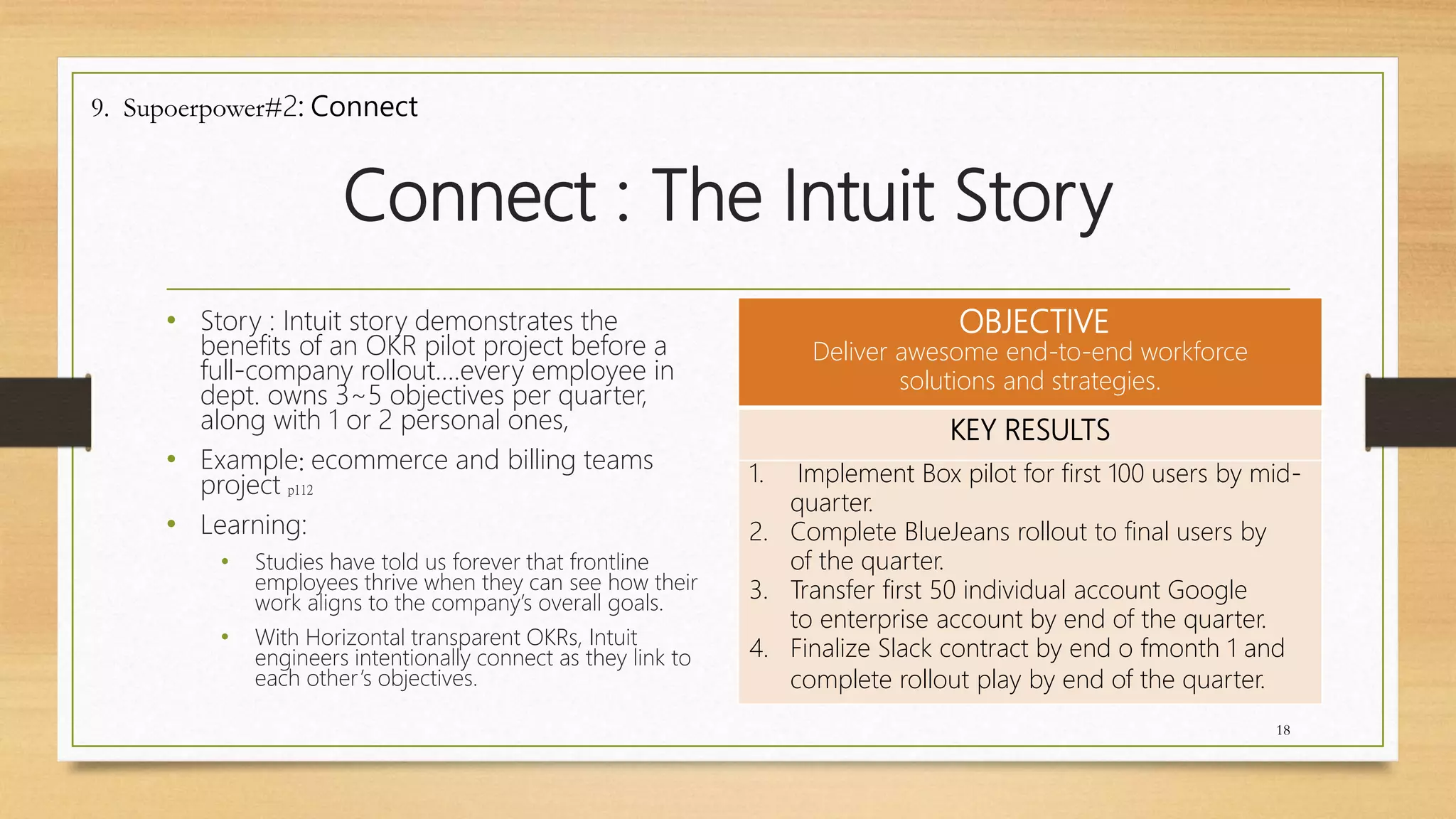 Connect : The Intuit Story
• Story : Intuit story demonstrates the
benefits of an OKR pilot project before a
full-company rollout….every employee in
dept. owns 3~5 objectives per quarter,
along with 1 or 2 personal ones,
• Example: ecommerce and billing teams
project p112
• Learning:
• Studies have told us forever that frontline
employees thrive when they can see how their
work aligns to the company’s overall goals.
• With Horizontal transparent OKRs, Intuit
engineers intentionally connect as they link to
each other’s objectives.
OBJECTIVE
Deliver awesome end-to-end workforce
solutions and strategies.
KEY RESULTS
1. Implement Box pilot for first 100 users by mid-
quarter.
2. Complete BlueJeans rollout to final users by
of the quarter.
3. Transfer first 50 individual account Google
to enterprise account by end of the quarter.
4. Finalize Slack contract by end o fmonth 1 and
complete rollout play by end of the quarter.
18
9. Supoerpower#2: Connect
 