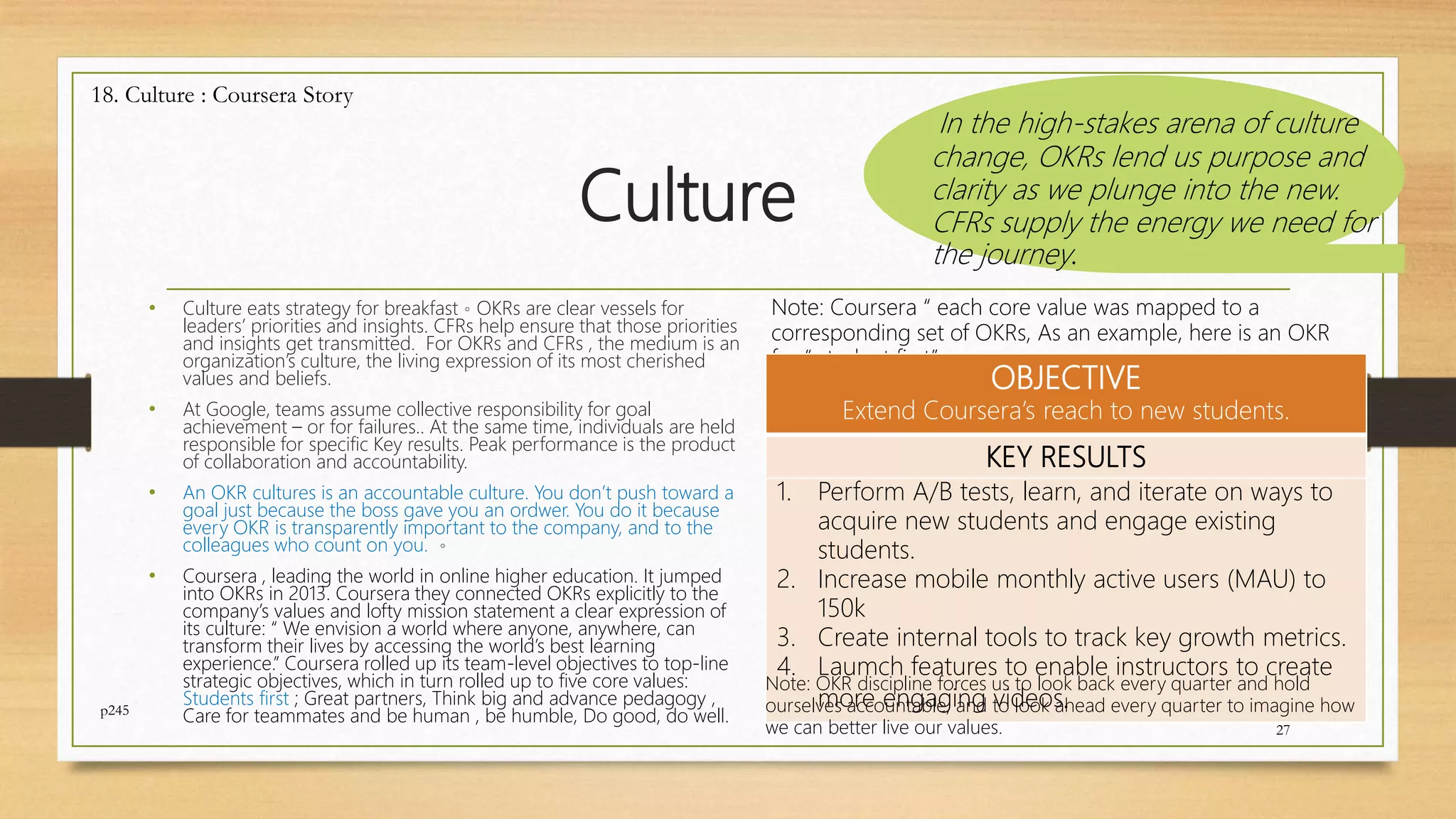 Culture
• Culture eats strategy for breakfast。OKRs are clear vessels for
leaders’ priorities and insights. CFRs help ensure that those priorities
and insights get transmitted. For OKRs and CFRs , the medium is an
organization’s culture, the living expression of its most cherished
values and beliefs.
• At Google, teams assume collective responsibility for goal
achievement – or for failures.. At the same time, individuals are held
responsible for specific Key results. Peak performance is the product
of collaboration and accountability.
• An OKR cultures is an accountable culture. You don’t push toward a
goal just because the boss gave you an ordwer. You do it because
every OKR is transparently important to the company, and to the
colleagues who count on you. 。
• Coursera , leading the world in online higher education. It jumped
into OKRs in 2013. Coursera they connected OKRs explicitly to the
company’s values and lofty mission statement a clear expression of
its culture: “ We envision a world where anyone, anywhere, can
transform their lives by accessing the world’s best learning
experience.” Coursera rolled up its team-level objectives to top-line
strategic objectives, which in turn rolled up to five core values:
Students first ; Great partners, Think big and advance pedagogy ,
Care for teammates and be human , be humble, Do good, do well.
27
18. Culture : Coursera Story
Note: Coursera “ each core value was mapped to a
corresponding set of OKRs, As an example, here is an OKR
for “ student first” : 。
p245
OBJECTIVE
Extend Coursera’s reach to new students.
KEY RESULTS
1. Perform A/B tests, learn, and iterate on ways to
acquire new students and engage existing
students.
2. Increase mobile monthly active users (MAU) to
150k
3. Create internal tools to track key growth metrics.
4. Laumch features to enable instructors to create
more engaging videos.
Note: OKR discipline forces us to look back every quarter and hold
ourselves accountable, and to look ahead every quarter to imagine how
we can better live our values.
In the high-stakes arena of culture
change, OKRs lend us purpose and
clarity as we plunge into the new.
CFRs supply the energy we need for
the journey.
 