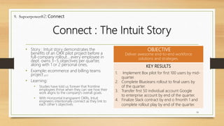 Connect : The Intuit Story
• Story : Intuit story demonstrates the
benefits of an OKR pilot project before a
full-company rollout….every employee in
dept. owns 3~5 objectives per quarter,
along with 1 or 2 personal ones,
• Example: ecommerce and billing teams
project p112
• Learning:
• Studies have told us forever that frontline
employees thrive when they can see how their
work aligns to the company’s overall goals.
• With Horizontal transparent OKRs, Intuit
engineers intentionally connect as they link to
each other’s objectives.
OBJECTIVE
Deliver awesome end-to-end workforce
solutions and strategies.
KEY RESULTS
1. Implement Box pilot for first 100 users by mid-
quarter.
2. Complete BlueJeans rollout to final users by
of the quarter.
3. Transfer first 50 individual account Google
to enterprise account by end of the quarter.
4. Finalize Slack contract by end o fmonth 1 and
complete rollout play by end of the quarter.
18
9. Supoerpower#2: Connect
 