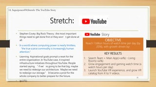 Stretch:
• Stephen Covey: Big Rock Theory : the most important
things need to get done first or they won’t get done at
all.
• In a world where computing power is nearly limitless,
“the true scarce commodity is increasingly human
attention.”
• Learning Aspirational goals prompt a reset for the
entire organization. In YouTube case, it inspired
infrastructure initiatives throughout YouTube. People
started saying, “ if we’re going to be that big, maybe
we need to redesign our architecture. Maybe we need
to redesign our storage.” It became a prod for the
whole company to better prepare for the future.
• (p.171)
OBJECTIVE
Reach 1 billion hours of watch time per day {by
2016}, with growth driven by:
KEY RESULTS
1. Search Team + Main App(+xx%)，Living
Room(+xx%)
2. Grow engagement and gaming watch time (x
watch hours per day)
3. Launch YouTube VR experience, and grow VR
catalog from X to Y videos.
22
14. Superpower#4:Stretch: The YouTube Story
Story
 