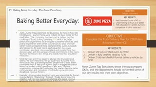 Baking Better Everyday:
• 2016, Zume Pizza opened for business. By now it has 180
Employees。Zume Pizza uses robots to take pizza to the
next level. The company has secured a patent on the
cooking of food during delivery,[9][10] which includes
predictive algorithms to anticipate customer choices, and
plans to partner with other businesses to also provide
other robot-prepared meal components, such as salads
and desserts. At least once each quarter, they make
contributors step back into a quiet place and consider how their
decisions align with the company. People start thinking in the macro.
You have to choose 3 to 5 things and exactly how they should be
measured.
• Most start-ups aren’t too eager to plunge into structured goal
setting: We don’t need that. We go super-fast. But Zume Pizza
thinks structured goal setting teaches people how to work within
constraints even as they push against them – an especially critical
lesson for smaller, scaling operations. OKRs and CFRs help
organizations improve each and every day, Leaders become better
communicators and motivators. Contributors grow into more
disciplined, rigorous thinkers.
• Example : A conversation together : who was responsible for Zume’s
revenue targets ? Marketing ? Product ? Finally Zume broke the
objective out into new revenue (marketing) and repeat revenue
(product), and the department heads drilled down from there.
26
17. Baking Better Everyday : The Zume Pizza Story
OBJECTIVE
Complete the Truck Delivery Fleet for 250 Polaris
(Mountain View HQ)
KEY RESULTS
1. Deliver 126 fully certified ovens by 11/30
2. Deliver 11 fully certified racks by 11/30
3. Deliver 2 fully certified full-format delivery vehicles by
11/30
Note: Zume Top Execuitves wrote the top company
OKRs, and the department heads converted some of
our key results into their own objectives.
OBJECTIVE
Delight customers.
KEY RESULTS
1. Net Promoter Score of 42 or
2. Order Rating of 4.6/5.0 or better。
3. 75% of customers prefer Zume to
competitor in blind taste test.。
p245
 