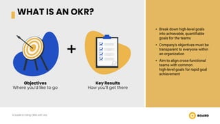 WHAT IS AN OKR?
Objectives
Where you’d like to go
Key Results
How you’ll get there
+
• Break down high-level goals
into achievable, quantiﬁable
goals for the teams
• Company’s objectives must be
transparent to everyone within
an organization
• Aim to align cross-functional
teams with common
high-level goals for rapid goal
achievement
A Guide to Using OKRs with Jira
 