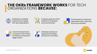 Employees are aligned
toward common goals
with clear expectations
THE OKRs FRAMEWORK WORKS FOR TECH
ORGANIZATIONS BECAUSE:
A Guide to Using OKRs with Jira
Company goals are at the
forefront of employee’s
work and decisions
Communication is improved
organization-wide, improving
focus and motivation
Cross-functional teams
are aware of each other’s
contributions toward the
bigger picture
Individual autonomy is
supported, providing a
structure for innovation
 