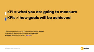 “Managing with the use of KPIs includes setting targets
(the desired level of performance) and tracking
progress against t...