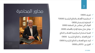 ‫المحاضرة‬ ‫محاور‬
✓
‫تعريف‬
OKRS
✓
‫الرئيسية‬ ‫والنتائج‬ ‫األهداف‬ ‫استراتيجية‬
OKRS
‫؟‬
✓
‫باستخدام‬ ‫التخطيط‬
OKRS
‫المنظمة‬ ‫عىل‬ ‫تنعكس‬ ‫التي‬ ‫الفوائد‬
OKRS
✓
‫باألهداف‬ ‫اإلدارة‬ ‫عملية‬ ‫نجاح‬ ‫عوامل‬
OKRS
✓
‫النتائج‬ ‫و‬ ‫االهداف‬ ‫استراتيجية‬ ‫استخدام‬ ‫اهمية‬
✓
‫الرئيسية‬ ‫النتائج‬ ‫و‬ ‫االهداف‬ ‫انواع‬
OKRS
✓
‫الرئيسية‬ ‫النتائج‬ ‫و‬ ‫االهداف‬ ‫نضع‬ ‫كيف‬
OKRS
✓
‫بين‬ ‫الفرق‬
KPI’S
‫و‬
OKRS
8/14/2022
2
 