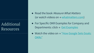 53
Additional
Resources
● Read the book Measure What Matters
(or watch videos on → whatmatters.com)
● For Specific OKR Examples for Company and
Departments: click → Get Examples
● Watch the video on → “How Google Sets Goals:
OKRs”
 