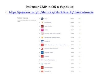 Рейтинг СМИ в ОК в Украине
• https://jagajam.com/ru/statistics/odnoklassniki/ukraine/media
 