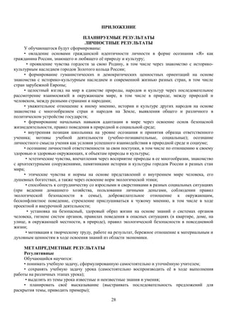 ПРИЛОЖЕНИЕ
ПЛАНИРУЕМЫЕ РЕЗУЛЬТАТЫ
ЛИЧНОСТНЫЕ РЕЗУЛЬТАТЫ
У обучающегося будут сформированы:
• овладение основами гражданской идентичности личности в форме осознания «Я» как
гражданина России, знающего и любящего её природу и культуру;
• проявление чувства гордости за свою Родину, в том числе через знакомство с историко-
культурным наследием городов Золотого кольца России;
• формирование гуманистических и демократических ценностных ориентаций на основе
знакомства с историко-культурным наследием и современной жизнью разных стран, в том числе
стран зарубежной Европы;
• целостный взгляд на мир в единстве природы, народов и культур через последовательное
рассмотрение взаимосвязей в окружающем мире, в том числе в природе, между природой и
человеком, между разными странами и народами;
• уважительное отношение к иному мнению, истории и культуре других народов на основе
знакомства с многообразием стран и народов на Земле, выявления общего и различного в
политическом устройстве государств;
• формирование начальных навыков адаптации в мире через освоение основ безопасной
жизнедеятельности, правил поведения в природной и социальной среде;
• внутренняя позиция школьника на уровне осознания и принятия образца ответственного
ученика; мотивы учебной деятельности (учебно-познавательные, социальные); осознание
личностного смысла учения как условия успешного взаимодействия в природной среде и социуме;
• осознание личностной ответственности за свои поступки, в том числе по отношению к своему
здоровью и здоровью окружающих, к объектам природы и культуры;
• эстетические чувства, впечатления через восприятие природы в ее многообразии, знакомство
с архитектурными сооружениями, памятниками истории и культуры городов России и разных стан
мира;
• этические чувства и нормы на основе представлений о внутреннем мире человека, его
душевных богатствах, а также через освоение норм экологической этики;
• способность к сотрудничеству со взрослыми и сверстниками в разных социальных ситуациях
(при ведении домашнего хозяйства, пользовании личными деньгами, соблюдении правил
экологической безопасности в семье), доброжелательное отношение к окружающим,
бесконфликтное поведение, стремление прислушиваться к чужому мнению, в том числе в ходе
проектной и внеурочной деятельности;
• установка на безопасный, здоровый образ жизни на основе знаний о системах органов
человека, гигиене систем органов, правилах поведения в опасных ситуациях (в квартире, доме, на
улице, в окружающей местности, в природе), правил экологической безопасности в повседневной
жизни;
• мотивация к творческому труду, работе на результат, бережное отношение к материальным и
духовным ценностям в ходе освоения знаний из области экономики.
МЕТАПРЕДМЕТНЫЕ РЕЗУЛЬТАТЫ
Регулятивные
Обучающийся научится:
• понимать учебную задачу, сформулированную самостоятельно и уточнённую учителем;
• сохранять учебную задачу урока (самостоятельно воспроизводить её в ходе выполнения
работы на различных этапах урока);
• выделять из темы урока известные и неизвестные знания и умения;
• планировать своё высказывание (выстраивать последовательность предложений для
раскрытия темы, приводить примеры);
28
 