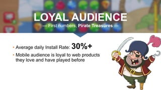 LOYAL AUDIENCE
— First numbers, Pirate Treasures —
• Average daily Install Rate: 30%+
• Mobile audience is loyal to web products
they love and have played before
 