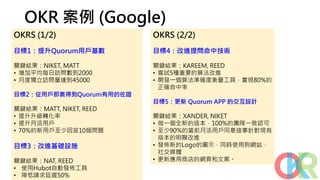 OKR 案例 (Google)
OKRS (1/2)
目標1：提升Quorum用戶基數
關鍵結果：NIKET, MATT
• 增加平均每日訪問數到2000
• 月度獨立訪問量達到45000
目標2：從用戶那裏得到Quorum有用的佐證
關鍵結果：MATT, NIKET, REED
• 提升升級轉化率
• 提升月活用戶
• 70%的新用戶至少回答10個問題
目標3：改進基礎設施
關鍵結果：NAT, REED
• 使用Hubot自動發佈工具
• 降低請求延遲50%
OKRS (2/2)
目標4：改進提問命中技術
關鍵結果：KAREEM, REED
• 嘗試5種重要的算法改進
• 開發一個算法準確度衡量工具，實現80%的
正確命中率
目標5：更新 Quorum APP 的交互設計
關鍵結果：XANDER, NIKET
• 做一個全新的版本，100%的團隊一致認可
• 至少90%的當前月活用戶同意這事針對現有
版本的明顯改進
• 發佈新的Logo的圖示，同時使用到網站，
社交媒體
• 更新應用商店的網頁和文案。
 