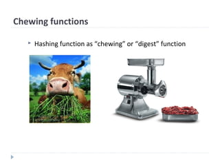 Chewing functions
 Hashing function as “chewing” or “digest” function
 