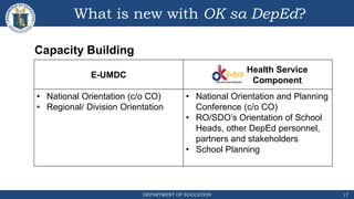 DEPARTMENT OF EDUCATION
What is new with OK sa DepEd?
17
E-UMDC
Health Service
Component
• National Orientation (c/o CO)
• Regional/ Division Orientation
• National Orientation and Planning
Conference (c/o CO)
• RO/SDO’s Orientation of School
Heads, other DepEd personnel,
partners and stakeholders
• School Planning
Capacity Building
 