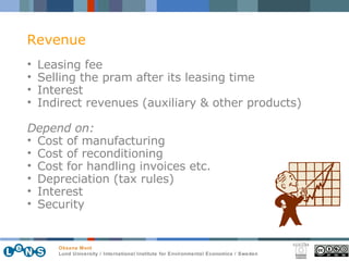 Leasing fee Selling the pram after its leasing time Interest Indirect revenues (auxiliary & other products) Depend on: Cost of manufacturing Cost of reconditioning Cost for handling invoices etc. Depreciation (tax rules)   Interest Security Revenue 