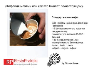 « » -Кофейня мечты или как это бывает по настоящему
by Oksana Peace
Стандарт нашего кофе:
-все напитки на основе двойного
еспрессо
-19 гр свежемолотого кофе на
каждую чашку
-температура молока 68-69С
-latte art
-4 oz 6oz (170мл) 8oz 12 oz
-принципиально без сиропов
-taste....taste....taste
-adjust.....adjust...adjust
 