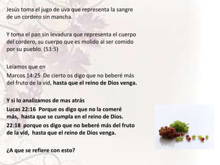 Jesús toma el jugo de uva que representa la sangre
de un cordero sin mancha.
Y toma el pan sin levadura que representa el cuerpo
del cordero, su cuerpo que es molido al ser comido
por su pueblo. (53:5)
Leíamos que en
Marcos 14:25 De cierto os digo que no beberé más
del fruto de la vid, hasta que el reino de Dios venga.

Y si lo analizamos de mas atrás
Lucas 22:16 Porque os digo que no la comeré
más, hasta que se cumpla en el reino de Dios.
22:18 porque os digo que no beberé más del fruto
de la vid, hasta que el reino de Dios venga.
¿A que se refiere con esto?

 
