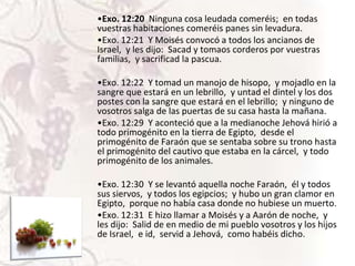 •Exo. 12:20 Ninguna cosa leudada comeréis; en todas
vuestras habitaciones comeréis panes sin levadura.
•Exo. 12:21 Y Moisés convocó a todos los ancianos de
Israel, y les dijo: Sacad y tomaos corderos por vuestras
familias, y sacrificad la pascua.
•Exo. 12:22 Y tomad un manojo de hisopo, y mojadlo en la
sangre que estará en un lebrillo, y untad el dintel y los dos
postes con la sangre que estará en el lebrillo; y ninguno de
vosotros salga de las puertas de su casa hasta la mañana.
•Exo. 12:29 Y aconteció que a la medianoche Jehová hirió a
todo primogénito en la tierra de Egipto, desde el
primogénito de Faraón que se sentaba sobre su trono hasta
el primogénito del cautivo que estaba en la cárcel, y todo
primogénito de los animales.
•Exo. 12:30 Y se levantó aquella noche Faraón, él y todos
sus siervos, y todos los egipcios; y hubo un gran clamor en
Egipto, porque no había casa donde no hubiese un muerto.
•Exo. 12:31 E hizo llamar a Moisés y a Aarón de noche, y
les dijo: Salid de en medio de mi pueblo vosotros y los hijos
de Israel, e id, servid a Jehová, como habéis dicho.

 